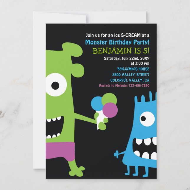 Monster Birthday Ice Cream Kids Party Invitation (Devant)