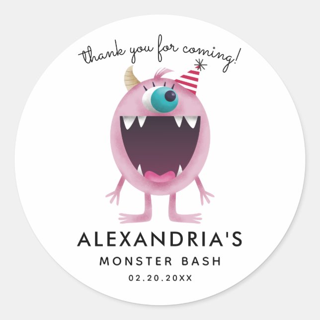 Monster Birthday Party Pink Gefallen Runder Aufkleber (Vorderseite)