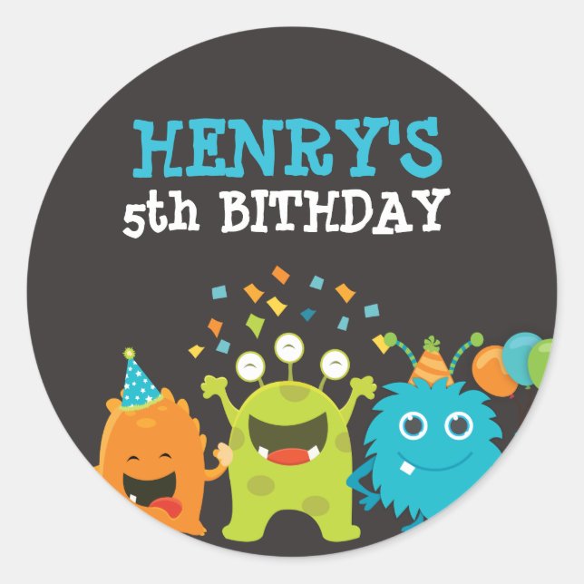Monster Birthday Party Runder Aufkleber (Vorderseite)