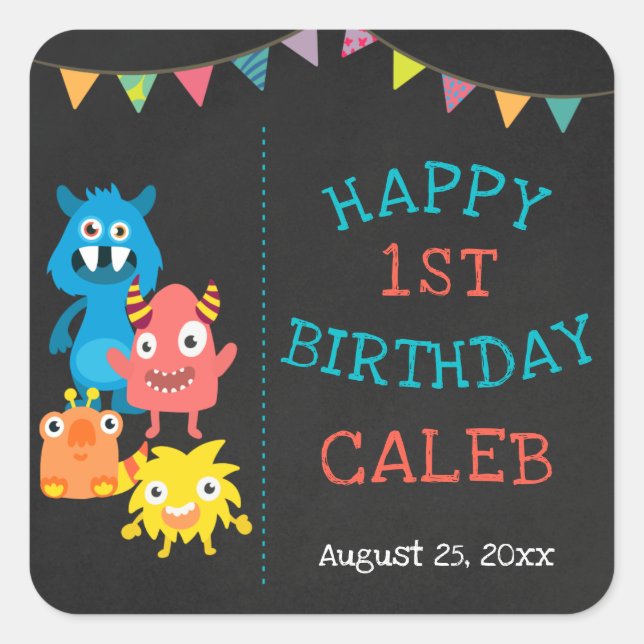 Monster Chalkboard First Birthday Baby Boys Quadratischer Aufkleber (Vorderseite)