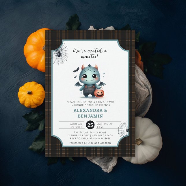 Monster Halloween Tartan Niedlich Coed Boy Babydus Einladung (halloween baby shower invitation monster watercolor character coed couple october fall plaid tartan)
