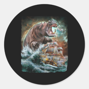 Monster Hippo als Kraken Angriff auf ein Kriegssch Runder Aufkleber