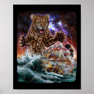 Monster Jaguar Cat als Kraken ein Kriegsschiff ang Poster