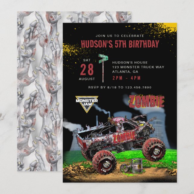 Monster Jam - Zombie Geburtstag Einladung (Vorne/Hinten)