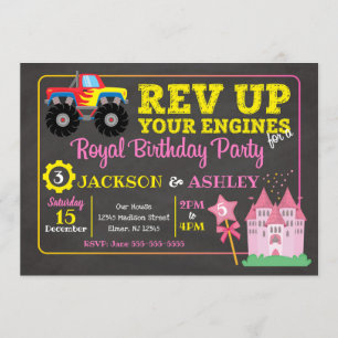 Monster-LKW u. Prinzessin Joint Birthday Einladung