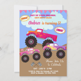 Monster LKWs rosa Mädchen Geburtstagseinladung. Einladung