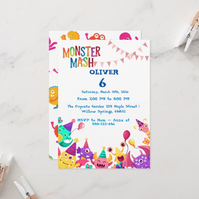 Monster Mash Birthday Invitation - Kids Party Einladung (Vorderseite/Rückseite Beispiel)