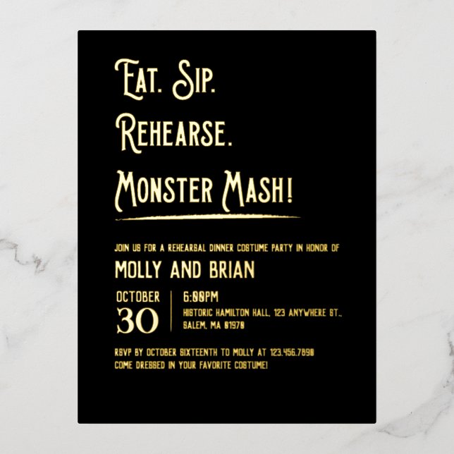 Monster Mash Hochzeit Probe Folie Einladungspostkarte (Vorderseite)
