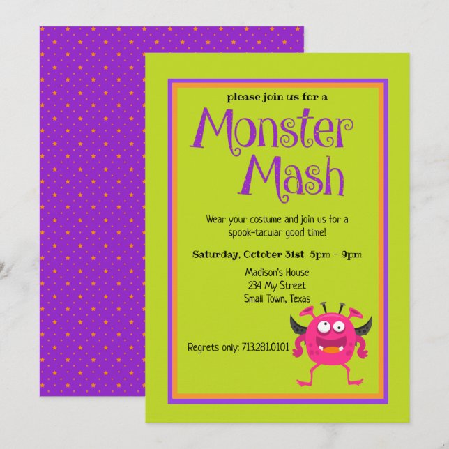 Monster Mash Pink Kinder Niedlich farbiges Hallowe Einladung (Vorne/Hinten)