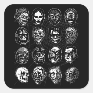 Monster Masken Art Sticker B & W - Retro Halloween