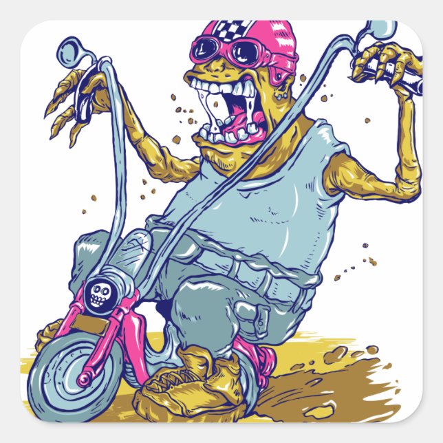 Monster Motorradfahrer-Cartoon Quadratischer Aufkleber (Vorderseite)