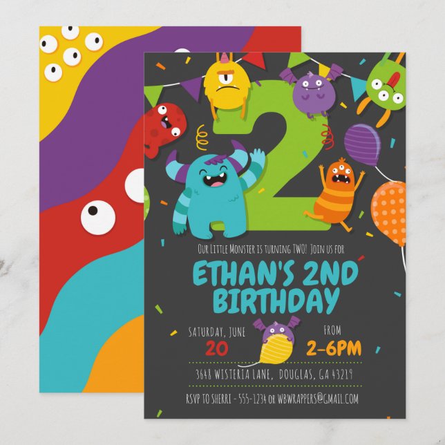 Monster-Party Einladung, Monster Boy Einladung (Vorne/Hinten)