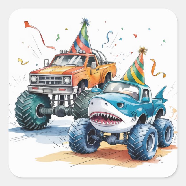 Monster Shark Truck Birthday Bash Aquarell Quadratischer Aufkleber (Vorderseite)