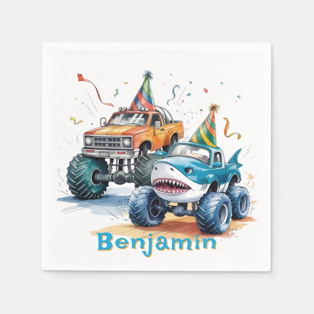 Monster Shark Truck Birthday Bash Aquarell Serviette (Vorderseite)