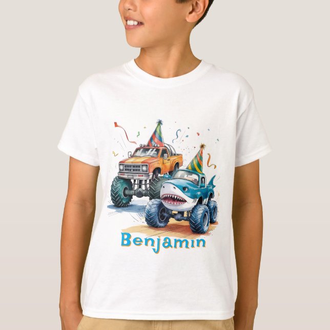Monster Shark Truck Birthday Bash Aquarell T-Shirt (Vorderseite)