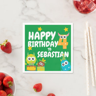 Monster Spaß vier Jahre alt Geburtstag Personalisi Serviette