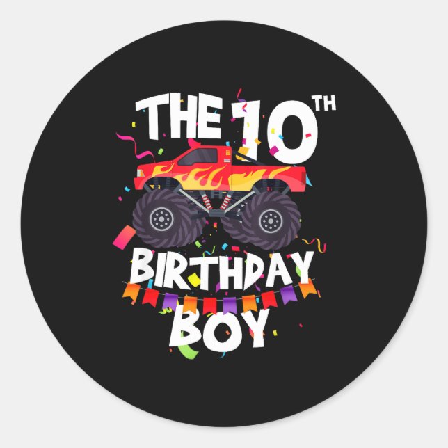 Monster Truck 10th Birthday Boy Funny 10 Years Old Runder Aufkleber (Vorderseite)