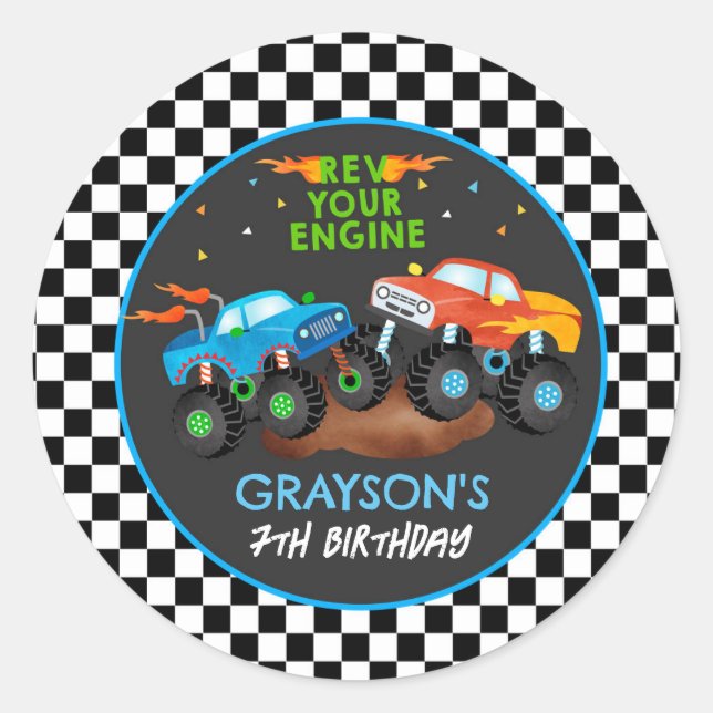 Monster Truck Anniversaire Fête Favoriser Stickers (Devant)
