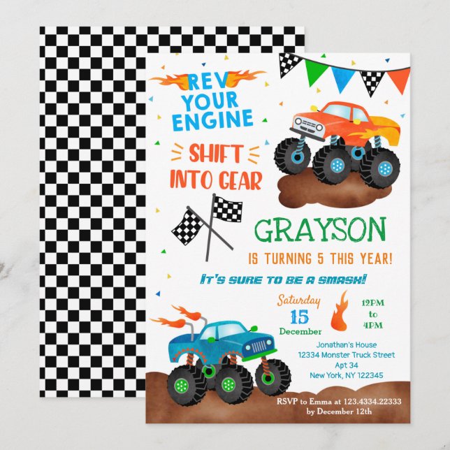 Monster Truck Anniversaire Fête Invitations pour g (Devant / Derrière)