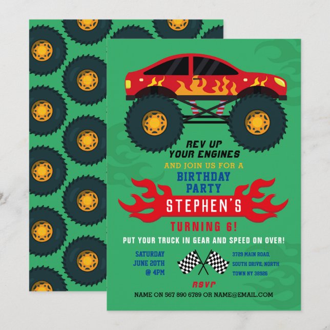 Monster Truck Anniversaire Flames Grand Invitation (Devant / Derrière)