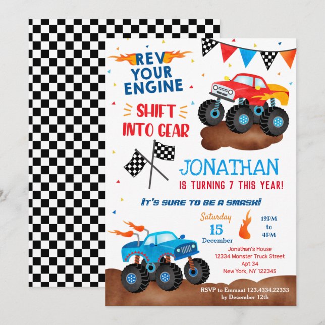 Monster Truck Anniversaire Invitations pour garçon (Devant / Derrière)