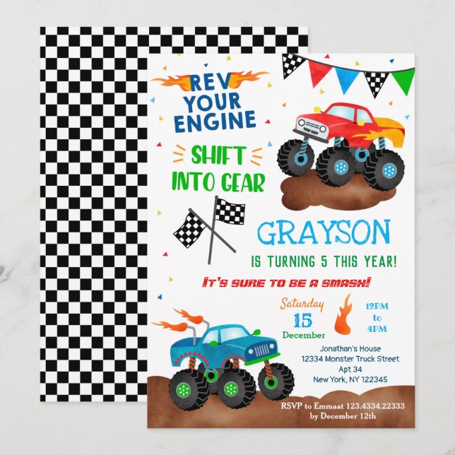 Monster Truck Anniversaire Invitations pour garçon (Devant / Derrière)