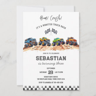 Monster Truck Bash Boom Smash Crash Boy Birthday  Einladung