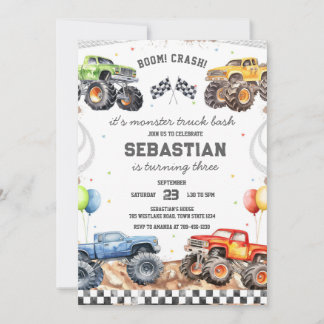 Monster Truck Bash Boom Smash Crash Boy Birthday  Einladung
