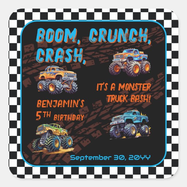 Monster Truck Bash Boy 5th Birthday Party Quadratischer Aufkleber (Vorderseite)