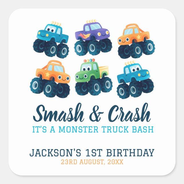 Monster Truck Bash Boys Geburtstag Quadratischer Aufkleber (Vorderseite)