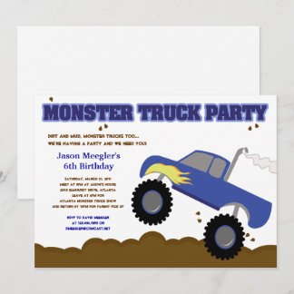 Monster Truck Birthday Blue Truck mit Flames Einladung