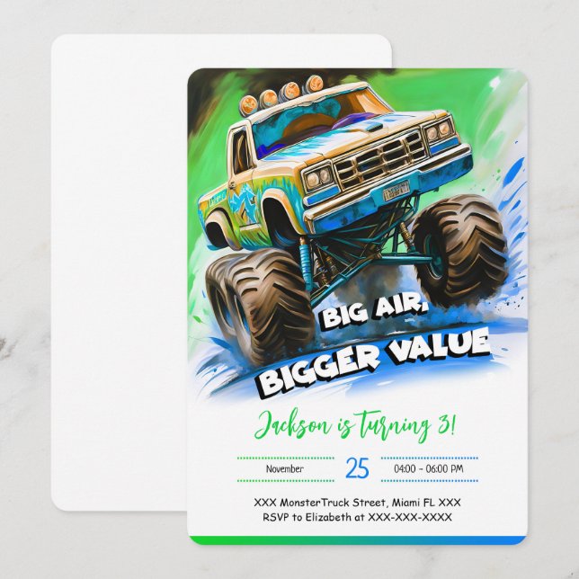 Monster Truck Birthday Einladung (Vorne/Hinten)