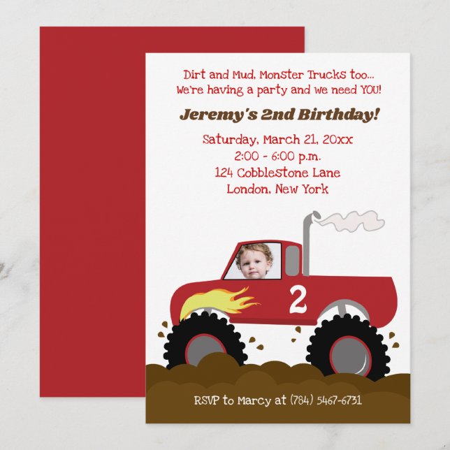 Monster Truck Birthday Einladung Rot mit Foto (Vorne/Hinten)