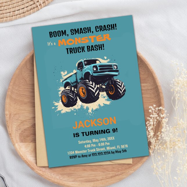 Monster Truck Birthday Einladungen Blau (Monster Truck Birthday Invitations Blue)