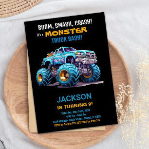 Monster Truck Birthday Einladungen Blau Schwarz