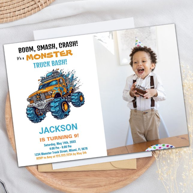 Monster Truck Birthday Einladungen Blaues Foto (Monster Truck Birthday Invitations Blue Photo)