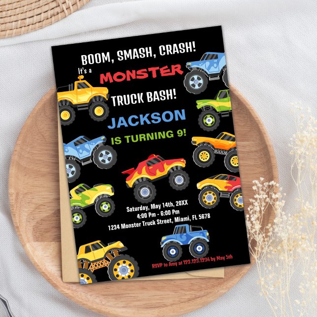 Monster Truck Birthday Einladungen Farben Schwarz (Monster Truck Birthday Invitations Colours Black)