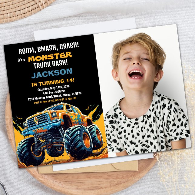 Monster Truck Birthday Einladungen Foto gelb (Monster Truck Birthday Invitations Photo Yellow)
