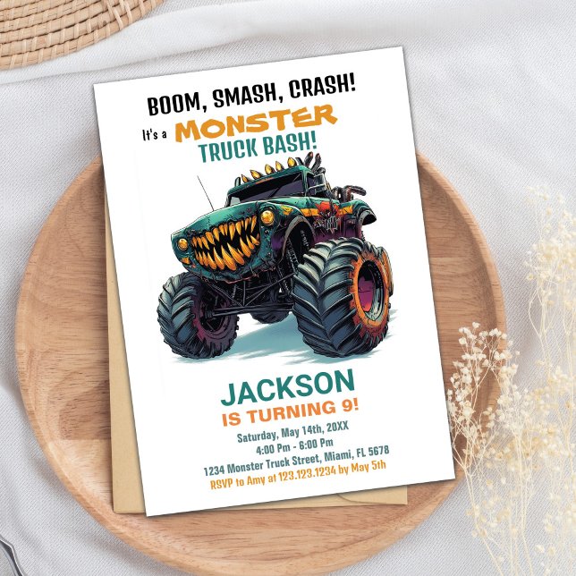 Monster Truck Birthday Einladungen Grün (Monster Truck Birthday Invitations Green)