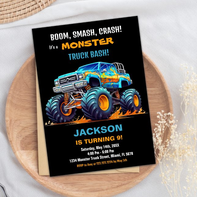 Monster Truck Birthday Einladungen Orange Black BC (Monster Truck Birthday Invitations Orange Black BC)