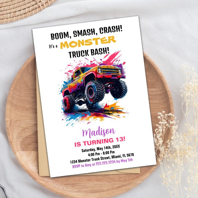 Monster Truck Birthday Einladungen Rosa (Monster Truck Birthday Invitations Pink)