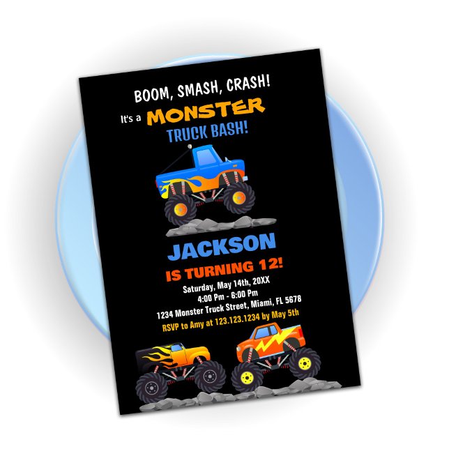 Monster Truck Birthday Einladungen Schwarz (Monster Truck Birthday Invitations Black)