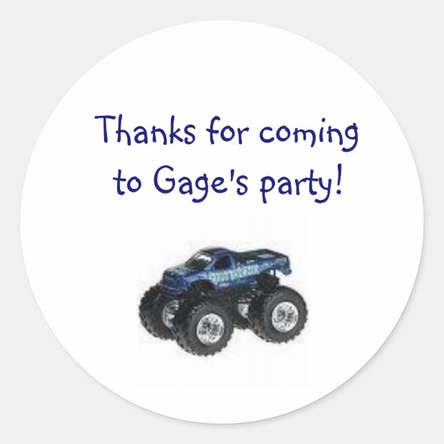 Monster Truck Birthday Party Goody Bag Label Runder Aufkleber (Vorderseite)