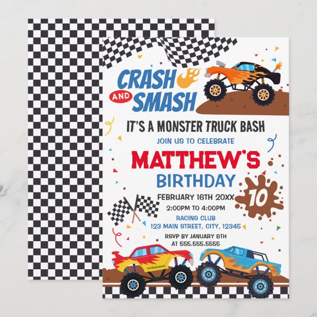 Monster Truck Birthday Party Invitation (Devant / Derrière)