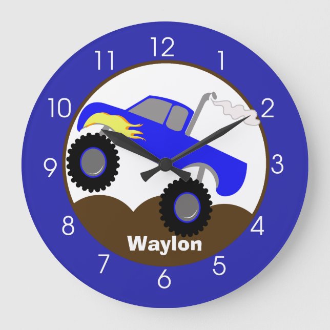 Monster Truck Blue Boys Kleinkind Kinderzimmer Roo Große Wanduhr (Vorderseite)