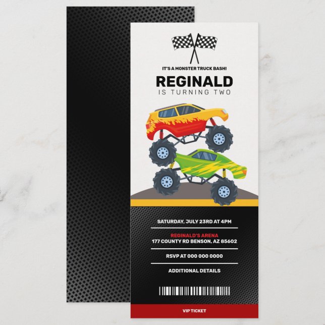 Monster Truck Boy Racing Birthday Jam Ticket Einladung (Vorne/Hinten)
