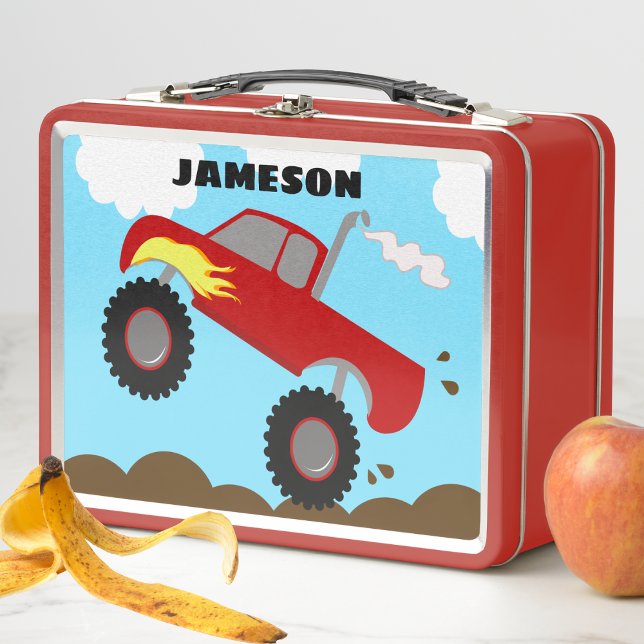 Monster Truck Boys Red Lunchbox Craft Supply Box (Monster Truck Personalized Lunch Box in red)