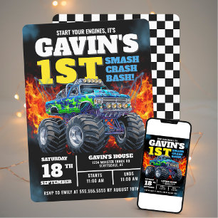 Monster Truck Cool Blue 1. Geburtstag Personalisie Einladung
