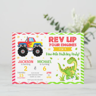 Monster Truck & Dinosaur Joint Birthday Invitation Einladung