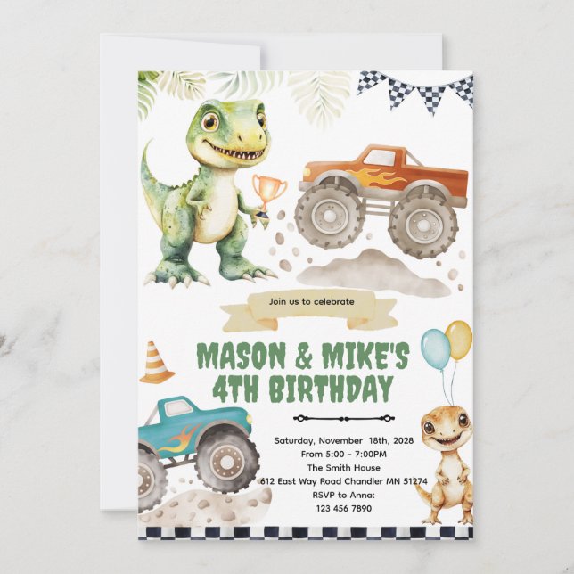 Monster truck dinosaur theme invitation einladung (Vorderseite)